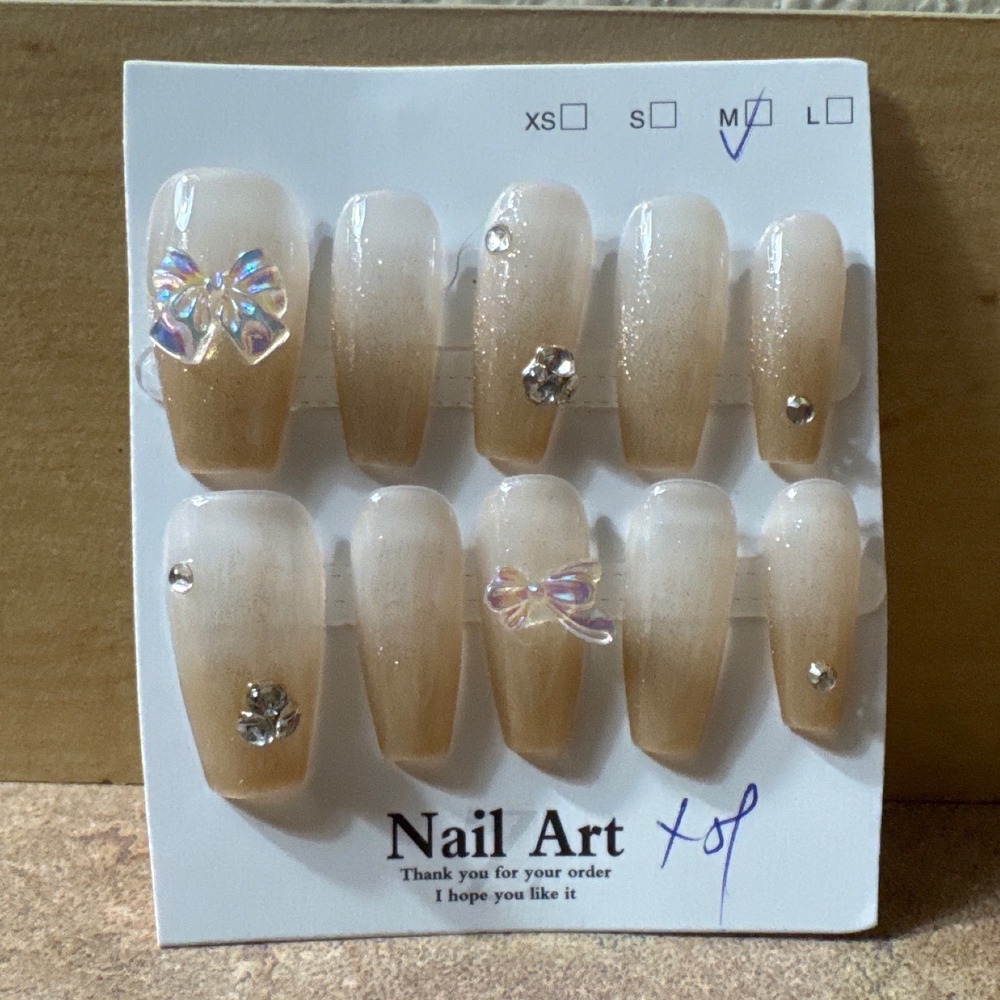 Press On Nails‎ Nude Tan Sparkle Bow Rhinestone Medium  Fake Nails